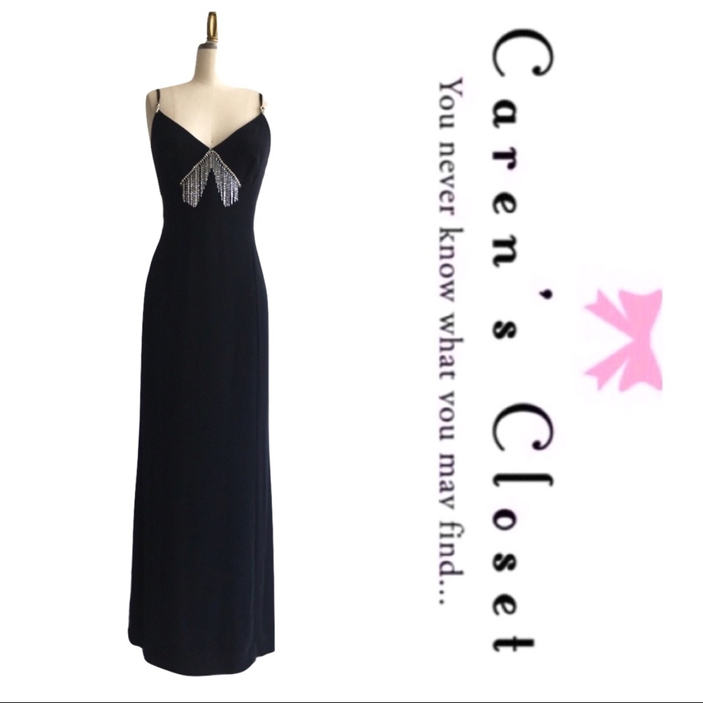 Tahari Black Rhinestone Art Deco Gown - Picture 2 of 6